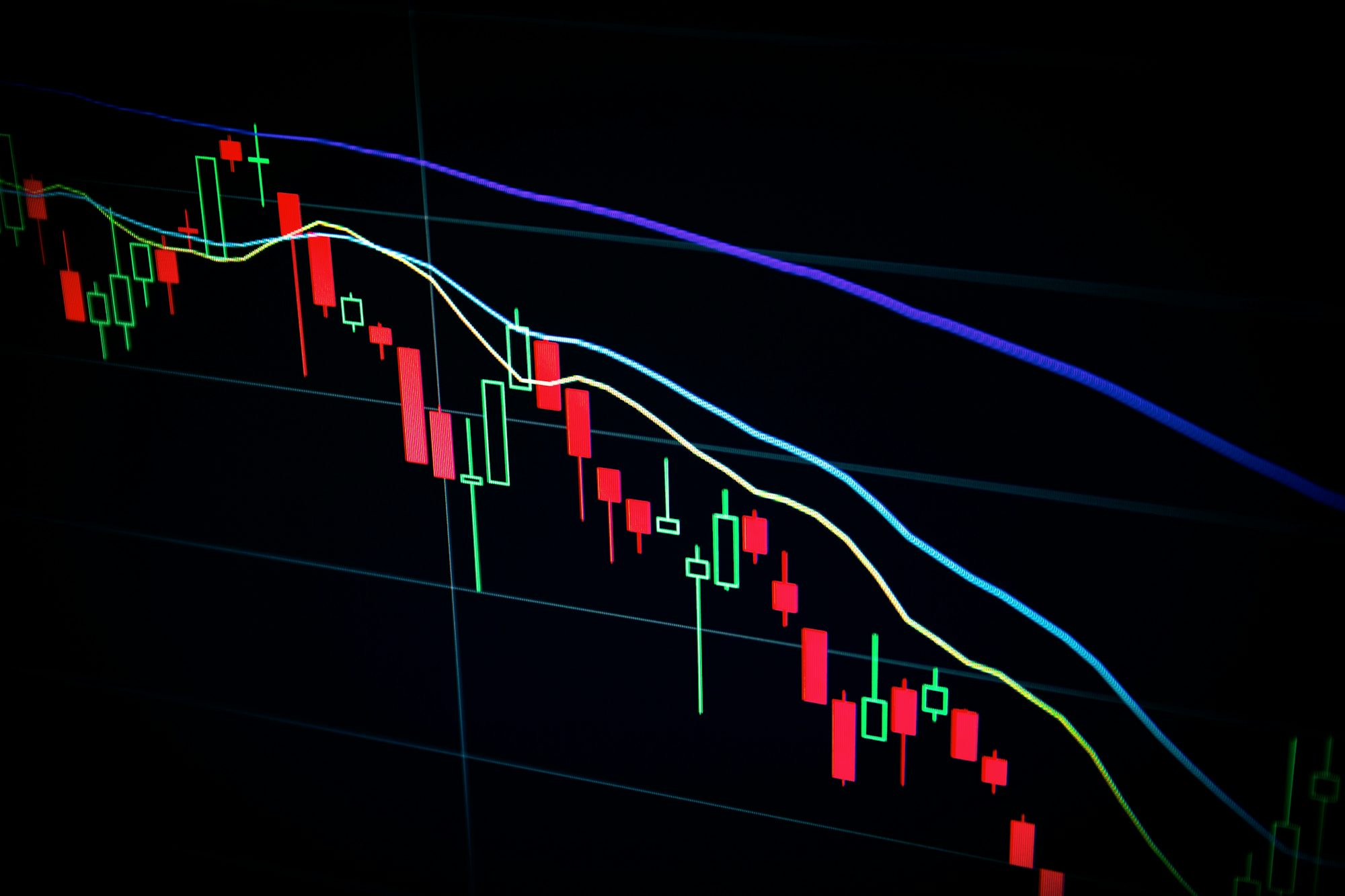 Stock market candlestick chart on screen