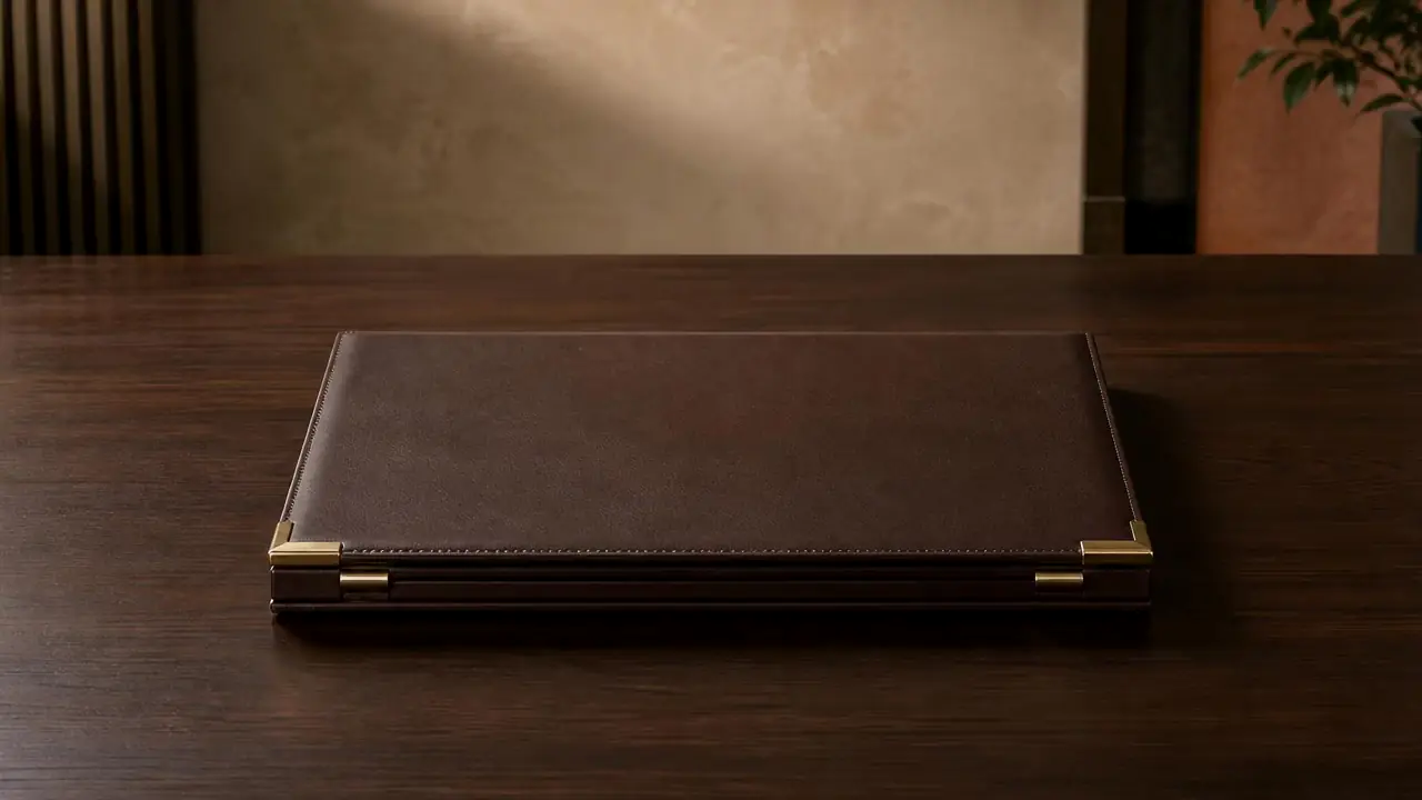 A premium leather book opening to reveal a structured framework